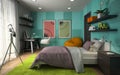 Interior of modern childroom with blue wall 3D rendering 4