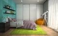 Interior of modern childroom with blue wall 3D rendering 2