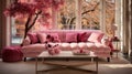 Interior of modern classic cozy living room in pink colors. Comfortable sofa with cushions, ottoman, coffee table, pink