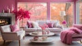 Interior of modern classic cozy living room in pink colors. Comfortable sofas and chair with cushions, coffee table Royalty Free Stock Photo