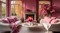 Interior of modern classic cozy living room in pink colors. Comfortable sofas with cushions, coffee table, pink flowers Royalty Free Stock Photo