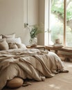 Interior of modern cozy bedroom with eco-design elements. King-size bed with linen made from natural fabrics, wicker Royalty Free Stock Photo