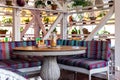 Interior of modern cozy italian restaurant. Summer terrace Royalty Free Stock Photo
