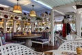 Interior of a modern cozy italian restaurant. Summer terrace Royalty Free Stock Photo