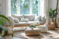 Interior of modern cozy living room in Scandi style. Stylish sofa with pillows, braided rug on the floor, wicker Royalty Free Stock Photo