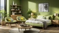Interior of modern cozy scandi bedroom in green tones. Comfortable bed, stylish armchairs, coffee table, commode, wall