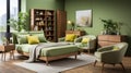 Interior of modern cozy scandi living room in green tones. Stylish couch and armchairs, coffee table, carpet, commodes