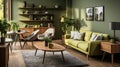Interior of modern cozy scandi living room in green tones. Stylish sofa and armchairs, wooden coffee table, carpet Royalty Free Stock Photo
