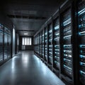 The interior of a modern data center filled with servers.