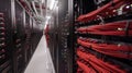 Interior of a modern data center with rows of server racks. The racks are equipped with numerous network cables, mostly