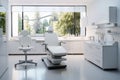 Interior of modern dental clinic with white walls, white tables and chairs. 3d rendering, A clean, modern docto