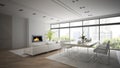 Interior of modern design loft with fireplace 3D rendering 2 Royalty Free Stock Photo