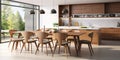 Interior of modern dining room or kitchen, wooden kitchen island and chairs. Home design. 3d rendering Royalty Free Stock Photo