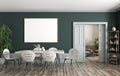 Interior of modern dining room with big mock up poster on the green wall 3d rendering Royalty Free Stock Photo