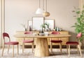 Interior of modern dining room, wooden table and red chairs against beige wall with sideboard, 3d rendering Royalty Free Stock Photo