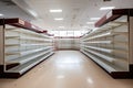 Interior of a modern drugstore with shelves and rows of shelves, Food shortage in a generic supermarket. Empty shelves, AI