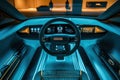 The interior of a modern electric car features a high-tech dashboard with illuminated Royalty Free Stock Photo