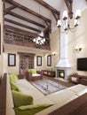 The interior is modern English style with a fireplace. High ceilings with wooden beams