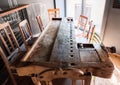 Interior of modern european beer bar pub with old vintage wooden furniture and style. Royalty Free Stock Photo