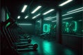 Interior of modern fitness club with neon lights. 3D rendering