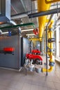 The interior of a modern gas boiler house with boilers, pumps, v Royalty Free Stock Photo