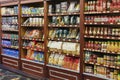 Interior of modern grocery boutique store with vintage style wooden luxury showcases. Retro storefronts with groceries goods