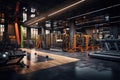 Interior of a modern gym with fitness equipment. 3d rendering, cool fitness gym, AI Generated