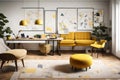 Interior of a modern home office featuring graphics, a desk, a sofa, and a yellow pouf and beautiful flowers Generated Ai