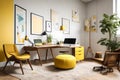 Interior of a modern home office featuring graphics, a desk, a sofa, and a yellow pouf generated ai