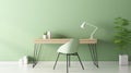 Interior of modern home office with green wall, wooden table and chair. Minimalistic style.