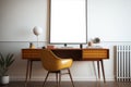 Interior of modern home office with white walls, wooden floor, comfortable orange computer desk with yellow armchair and vertical Royalty Free Stock Photo