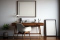 Interior of modern home office with wooden walls, concrete floor, comfortable computer table with black chair and vertical mock up