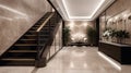 interior of modern hotel lobby with stairway and lighting. Emperador marble tiles. LED ceiling molding. Royalty Free Stock Photo