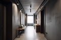 Interior of modern hotel room with dark gray walls, concrete floor and long corridor. Industrial, concrete or loft Style Royalty Free Stock Photo