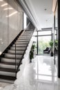 Interior of modern, house, luxury living room, corridor with marble carrara staircase. Amazing view. Apartment or hotel concept Royalty Free Stock Photo