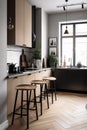 Interior of modern kitchen with black and beige walls and wooden floor. Scandinavian style