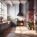 Interior of modern kitchen with black and white brick walls, wooden floor, gray countertops, dark wooden cupboards.