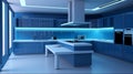 Interior of modern kitchen in blue tones. Interior of modern kitchen with blue wall. generative ai Royalty Free Stock Photo