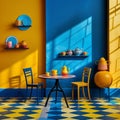 Interior of modern kitchen with blue and yellow walls, yellow and orange floor, 3d render Royalty Free Stock Photo