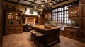 Interior of a modern kitchen in a colonial, classic style with wooden furniture