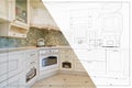 interior of modern kitchen in flat apartment in minimalistic style with drawing split from idea to implementation of the finished