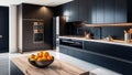 Interior of modern kitchen with gray and black walls, wooden floor, gray countertops, white cupboards and built in cooker. 3d