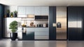 Interior of modern kitchen with grey and black walls, concrete floor, gray cupboards and built in cooker. generative ai