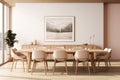 The interior of a modern kitchen and living room with a dining table and frames on the wall Royalty Free Stock Photo