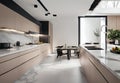 interior of modern kitchen with marble walls and floor and some black adding beautiful contrast on the wall Royalty Free Stock Photo