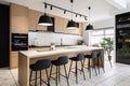 Interior of modern kitchen with white brick walls, tiled floor, wooden countertops and black bar with stools. Scandinavian style Royalty Free Stock Photo