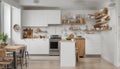 Interior of modern kitchen with white counters, door and peg boards Royalty Free Stock Photo