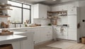 Interior of modern kitchen with white counters, door and peg boards Royalty Free Stock Photo