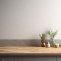 Interior of modern kitchen with white walls, concrete floor, gray countertops and wooden cupboards. 3d render Royalty Free Stock Photo