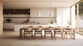 Interior of modern kitchen with white walls, wooden floor, beige cupboards and wooden bar with stools. 3d rendering Generative AI Royalty Free Stock Photo